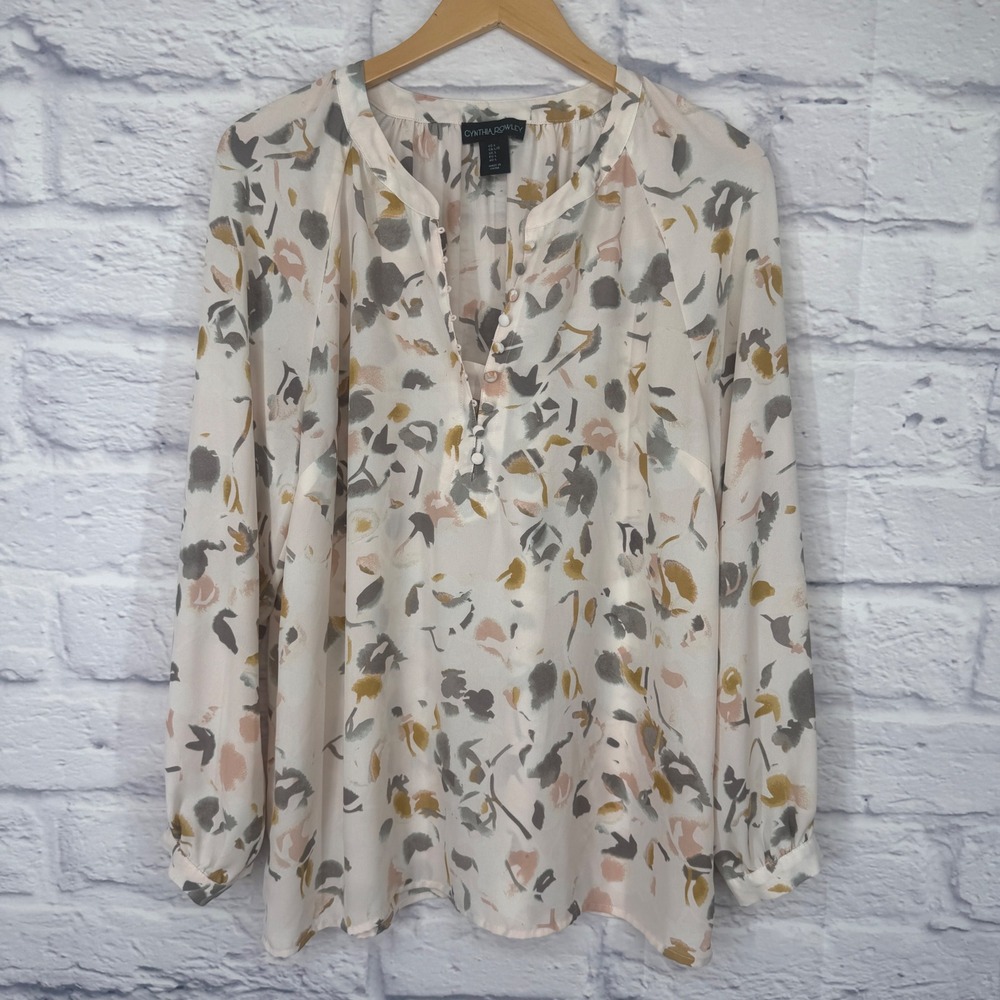 Cynthia Rowley Floral Blouse Womens Large Cream Long Sleeve